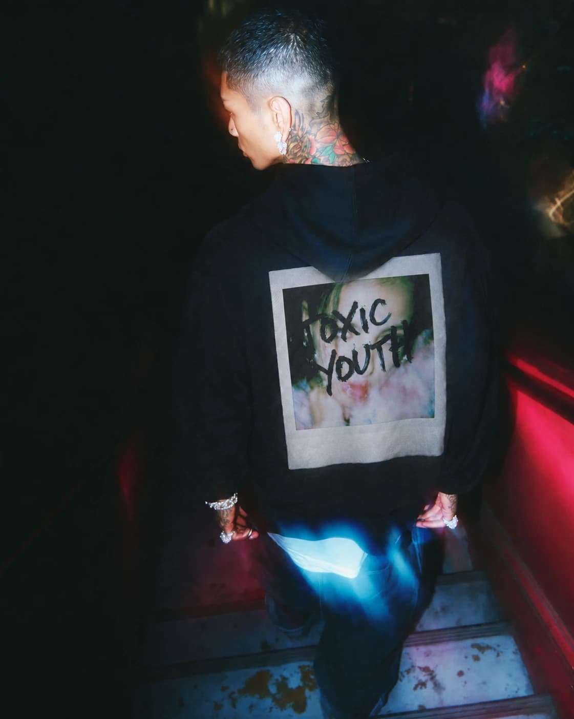 TOXIC YOUTH HOODIE — black, back, styled look