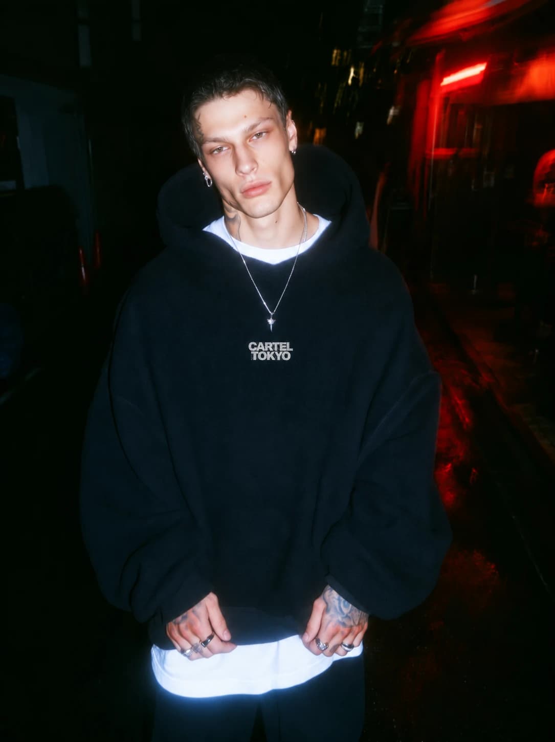 CARTEL TOKYO HOODIE — black, front, styled look