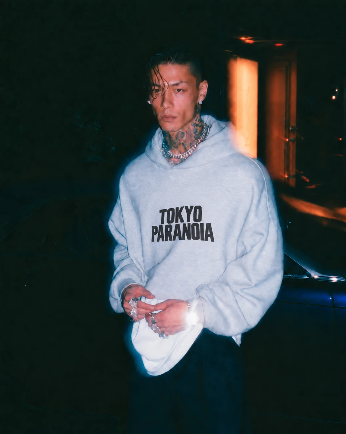 TOKYO PARANOIA HOODIE — gray, front, styled look