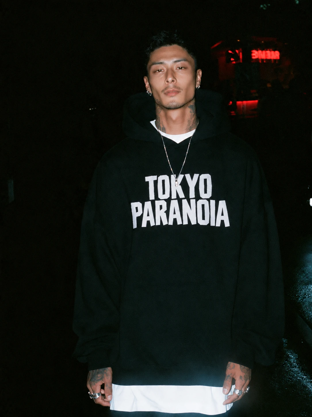 TOKYO PARANOIA HOODIE — black, front, styled look