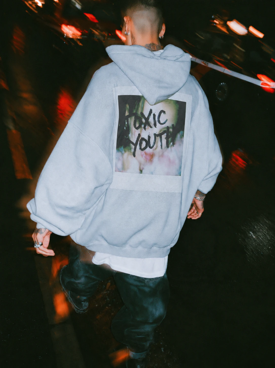 TOXIC YOUTH HOODIE — gray, back, styled look