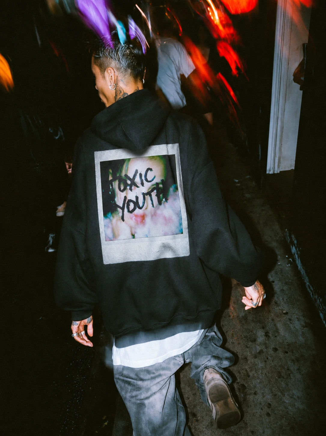 TOXIC YOUTH HOODIE — black, back, styled look