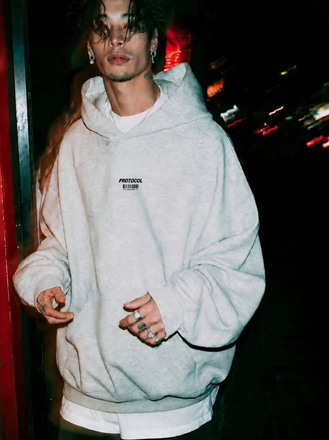 TOXIC YOUTH HOODIE — gray, front, styled look